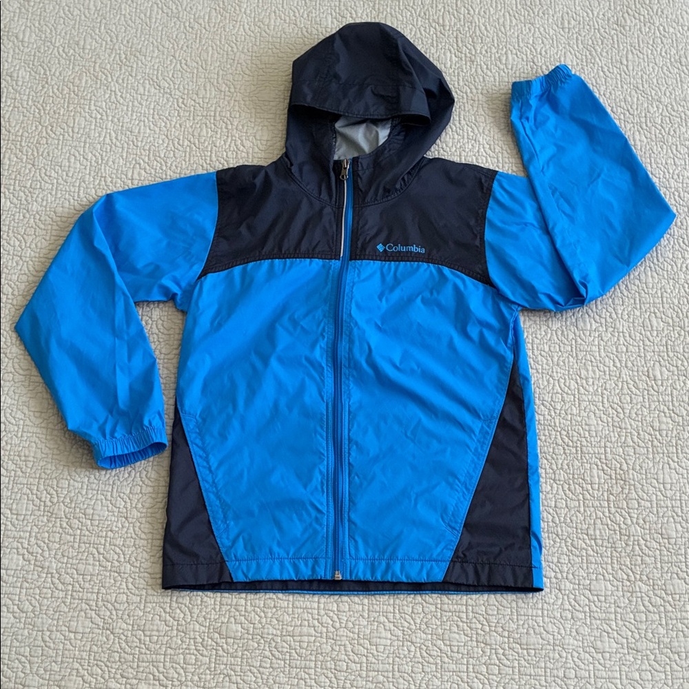 Columbia Bright Blue & Navy Hooded Full Zip Jacket Windbreaker Coat Medium 10/12